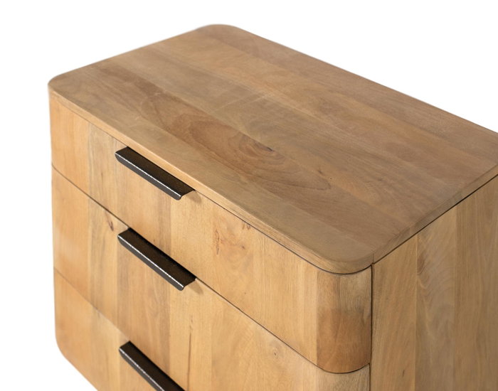 GINER Y COLOMER Table de nuit en bois de manguier naturel avec 3 tiroirs à glissières métalliques et coins arrondis - Design minimaliste moderne